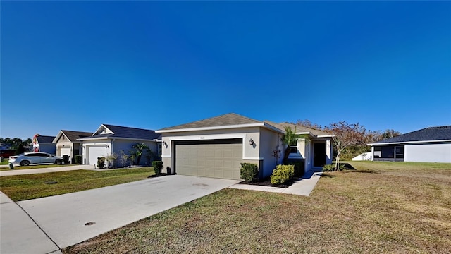 ranch-style house featuring a front lawn and a garage