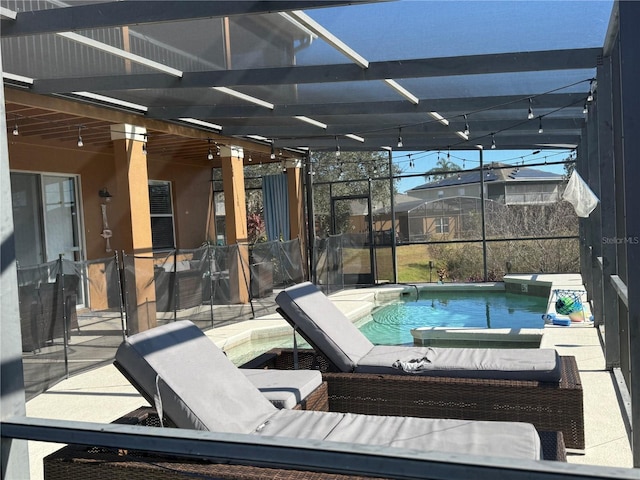 view of patio with an outdoor hangout area, a pool with hot tub, and glass enclosure