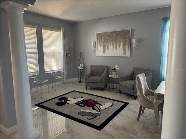 living room featuring ornate columns