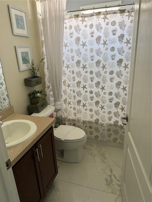 full bathroom with toilet, vanity, and shower / tub combo with curtain