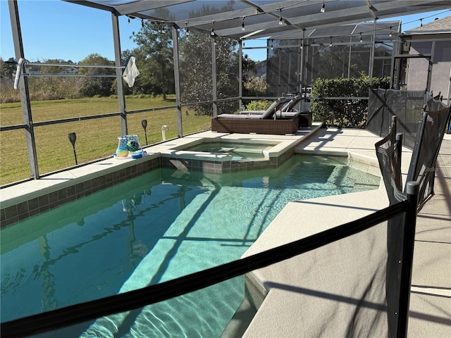 view of swimming pool with glass enclosure, an in ground hot tub, and a yard