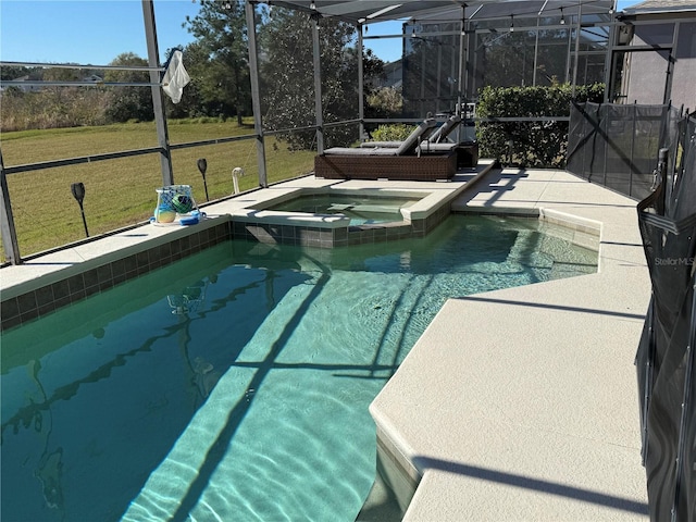 view of swimming pool with an in ground hot tub, glass enclosure, and a lawn