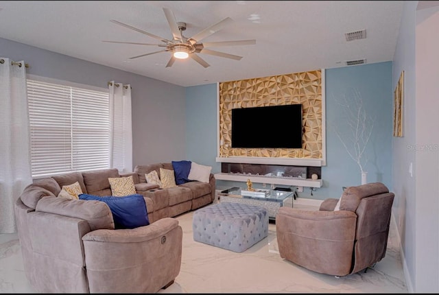 living room with ceiling fan