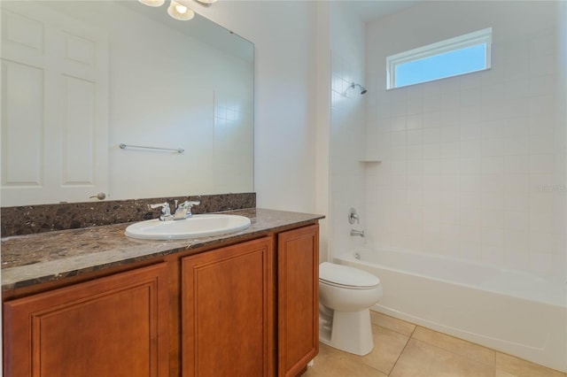 full bathroom with toilet, vanity, shower / bath combination, and tile patterned floors