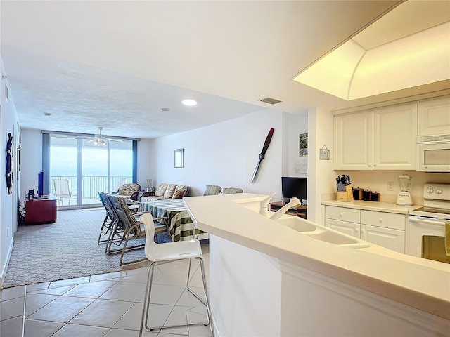 kitchen featuring ceiling fan, a wall of windows, white appliances, light colored carpet, and sink