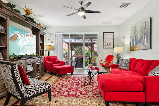 living room with ceiling fan