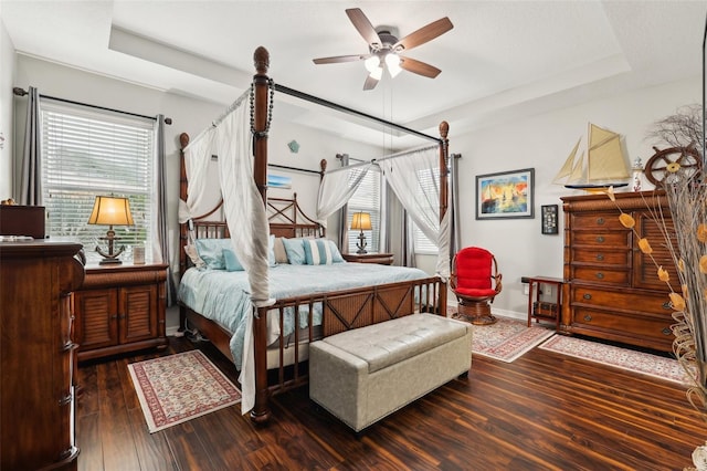 bedroom featuring ceiling fan, dark hardwood / wood-style floors, and a raised ceiling