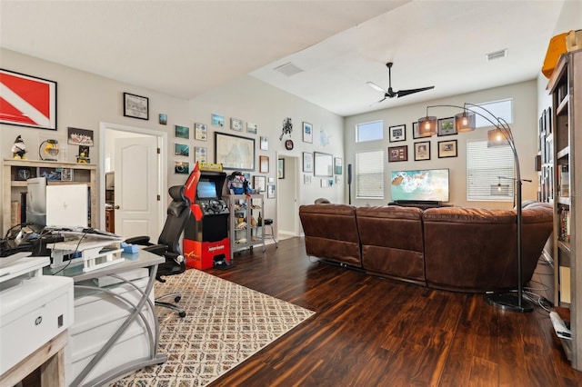 office area featuring hardwood / wood-style floors and ceiling fan