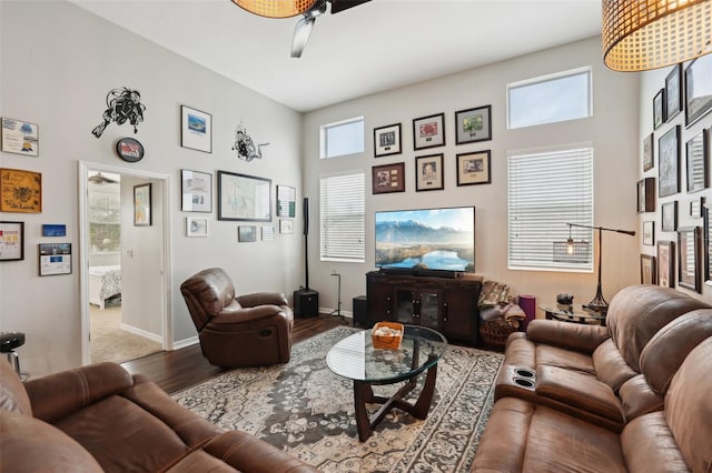 living room featuring ceiling fan and hardwood / wood-style flooring