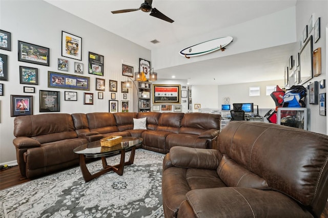 living room with ceiling fan and hardwood / wood-style floors