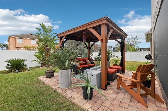 view of patio with a gazebo and outdoor lounge area