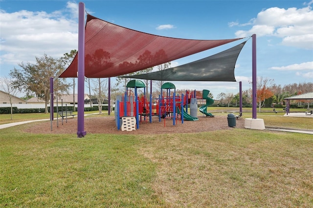 view of play area featuring a lawn