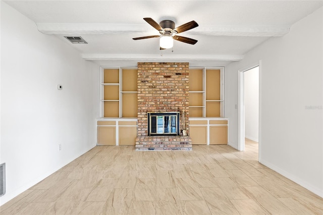 unfurnished living room featuring visible vents, baseboards, a ceiling fan, a brick fireplace, and beam ceiling