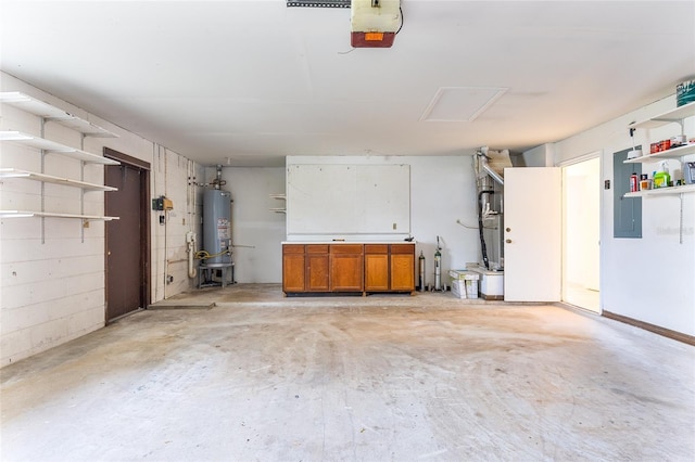 garage featuring electric panel, gas water heater, and a garage door opener