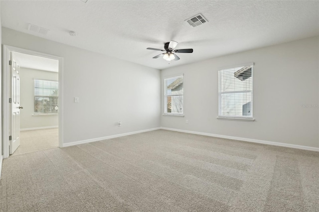 carpeted empty room with a textured ceiling, a wealth of natural light, and ceiling fan