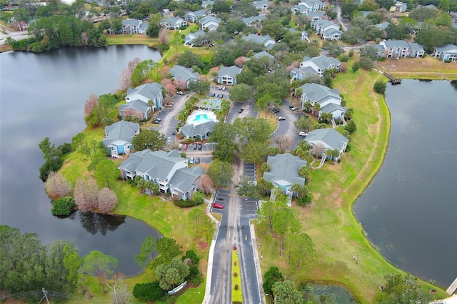 drone / aerial view with a water view