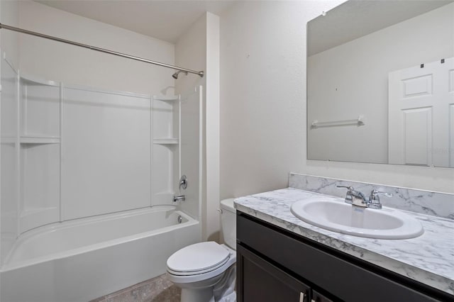 full bathroom with vanity, bathtub / shower combination, and toilet