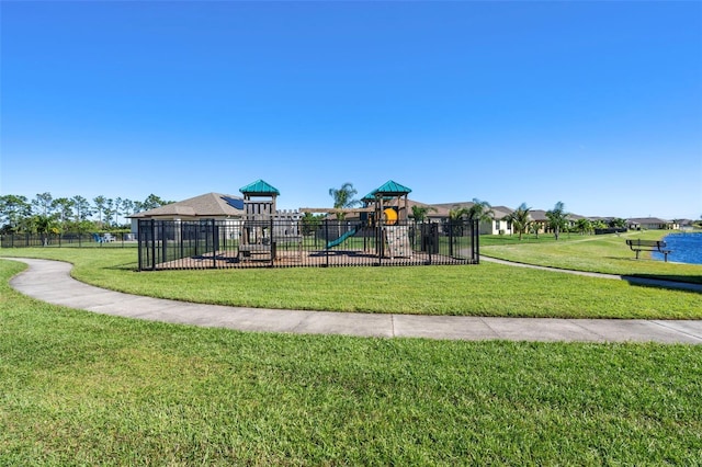 view of jungle gym with a yard