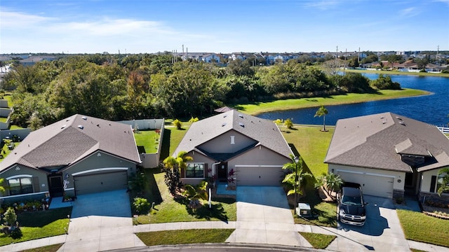 aerial view featuring a water view