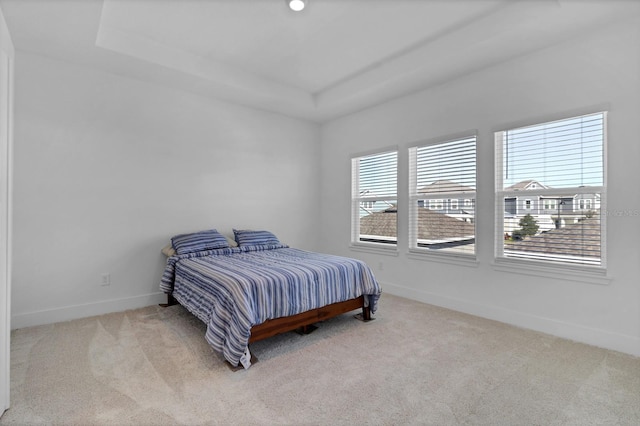 bedroom with light colored carpet and a tray ceiling