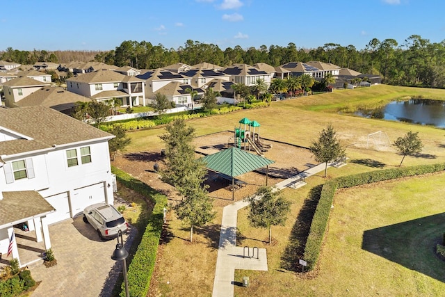 drone / aerial view featuring a water view