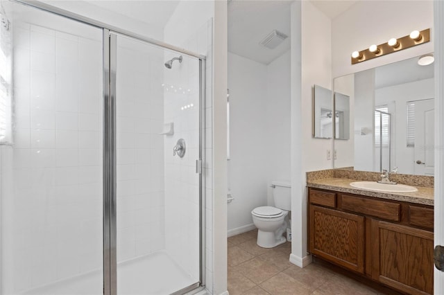 bathroom with tile patterned flooring, walk in shower, vanity, and toilet