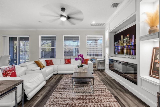 living room featuring dark hardwood / wood-style floors, ceiling fan, and crown molding