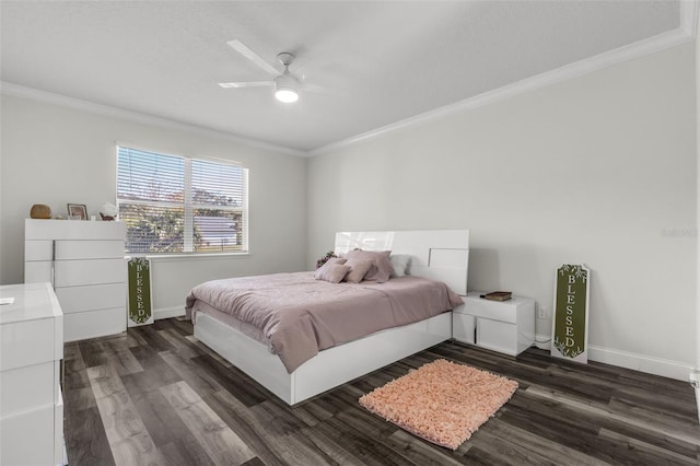 bedroom with ceiling fan, crown molding, and dark wood-type flooring