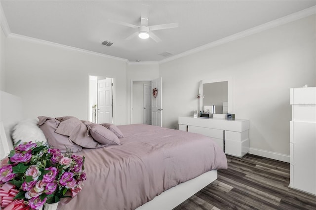 bedroom with ceiling fan, ornamental molding, and dark wood-type flooring