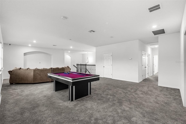 rec room featuring dark carpet and pool table