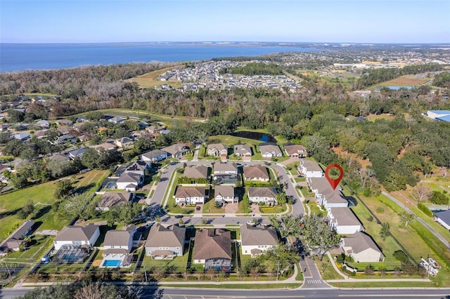 aerial view featuring a water view