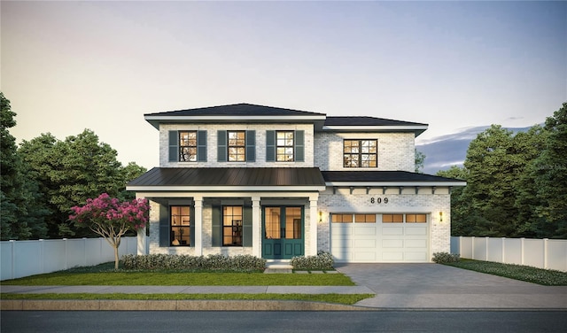 view of front of property featuring covered porch and a garage