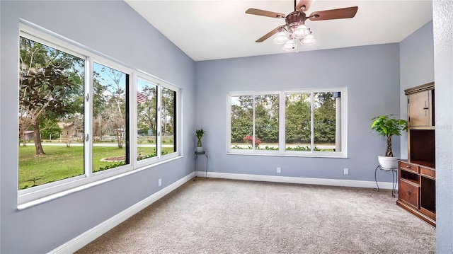 interior space featuring ceiling fan and carpet flooring