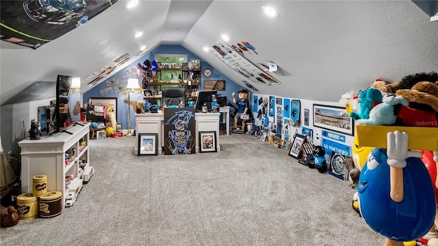 interior space featuring lofted ceiling and carpet