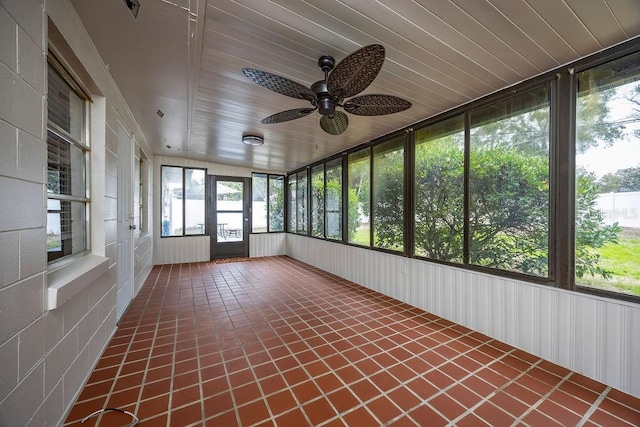 unfurnished sunroom featuring ceiling fan and wooden ceiling