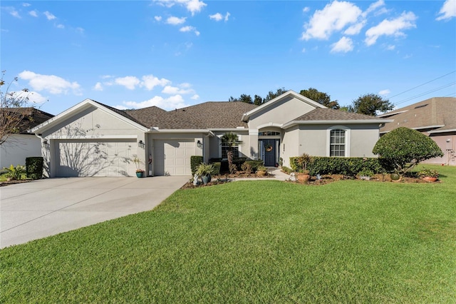 single story home featuring a garage and a front yard