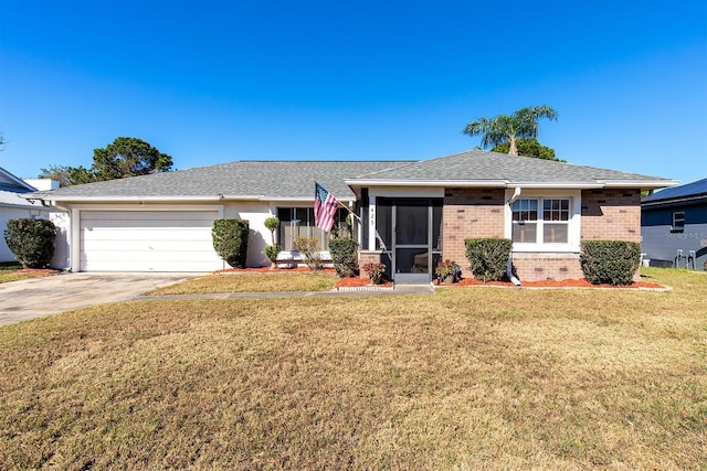 single story home featuring a front yard and a garage