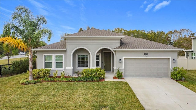 view of front of house with a front lawn and a garage