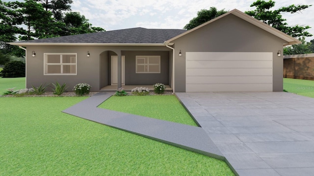 ranch-style house with a front lawn and a garage