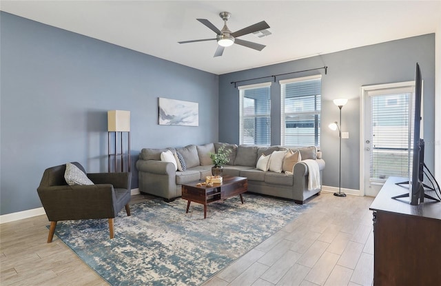 living room featuring ceiling fan