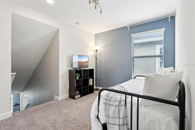 carpeted bedroom with rail lighting