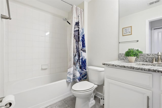 full bathroom featuring toilet, tile patterned floors, shower / bath combination with curtain, and vanity