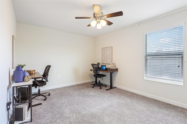 office space featuring ceiling fan and carpet