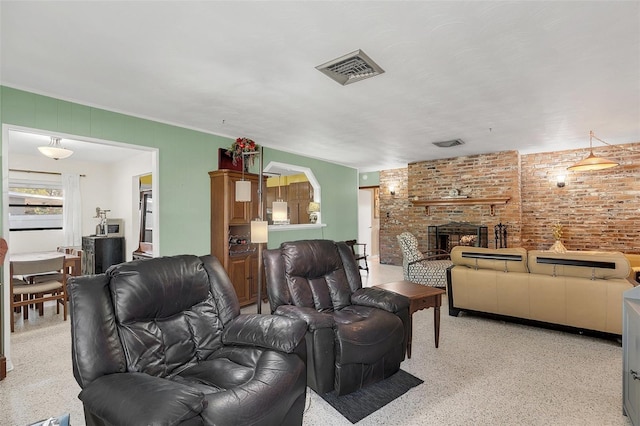 living room with a fireplace