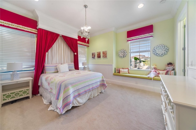 bedroom with a chandelier, light colored carpet, and crown molding