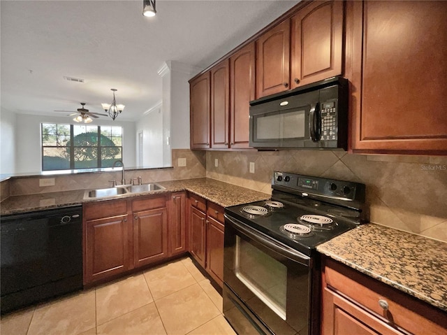 kitchen featuring black appliances, ceiling fan with notable chandelier, crown molding, sink, and light tile patterned flooring