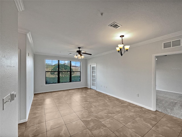 spare room featuring light tile patterned floors, ceiling fan with notable chandelier, and crown molding