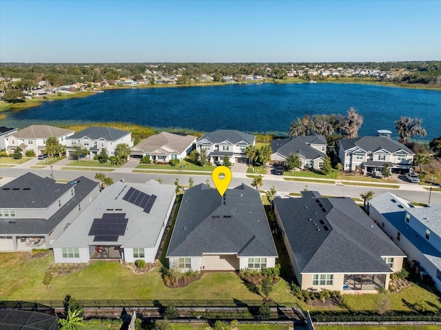 drone / aerial view featuring a water view