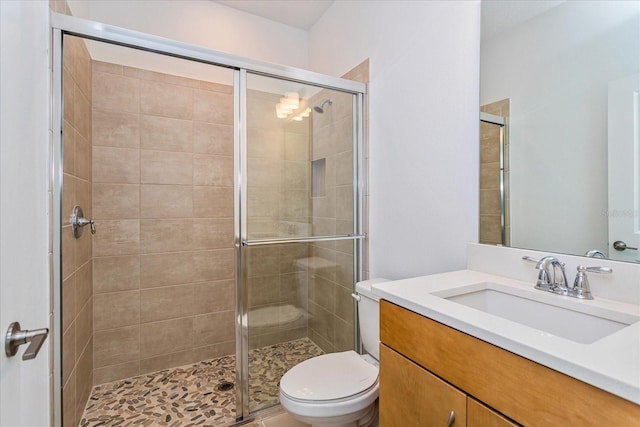 bathroom with vanity, an enclosed shower, and toilet