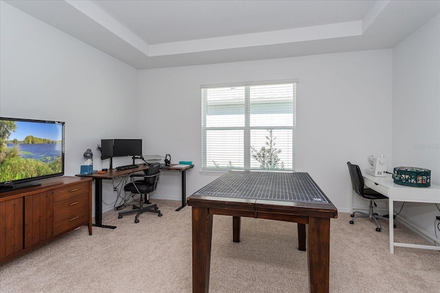 office featuring a tray ceiling and light colored carpet